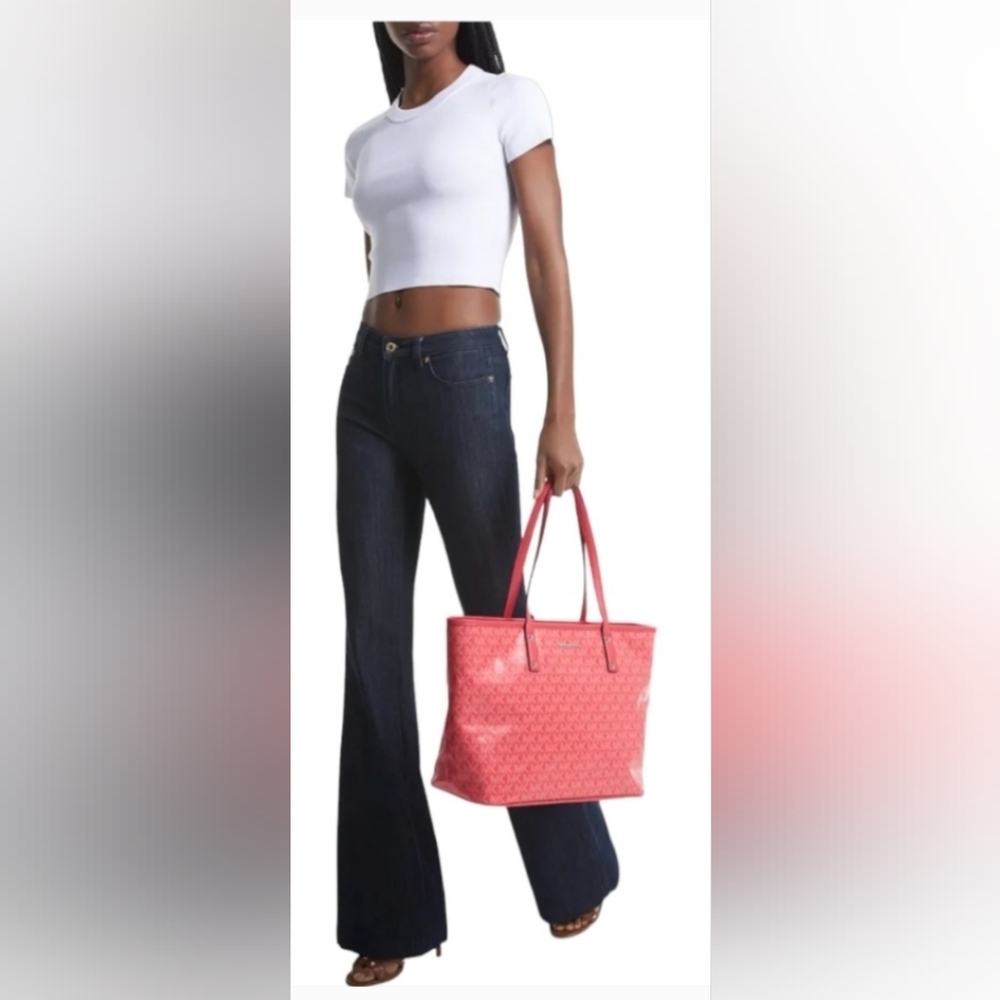 NWT Michael Kors Logo Carter Large Top Zip Tote Bag in Geranium - Picture 3 of 10